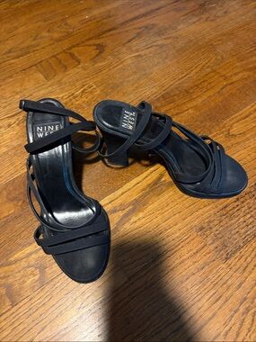 Nine West Black Strappy Block Heels with Ankle Strap